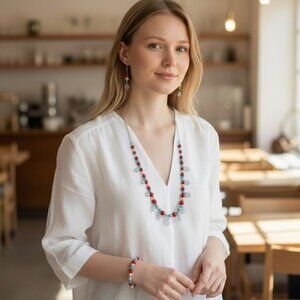Southwestern Style Casual Chic Beaded Teardrops Necklace Set Red Blue White